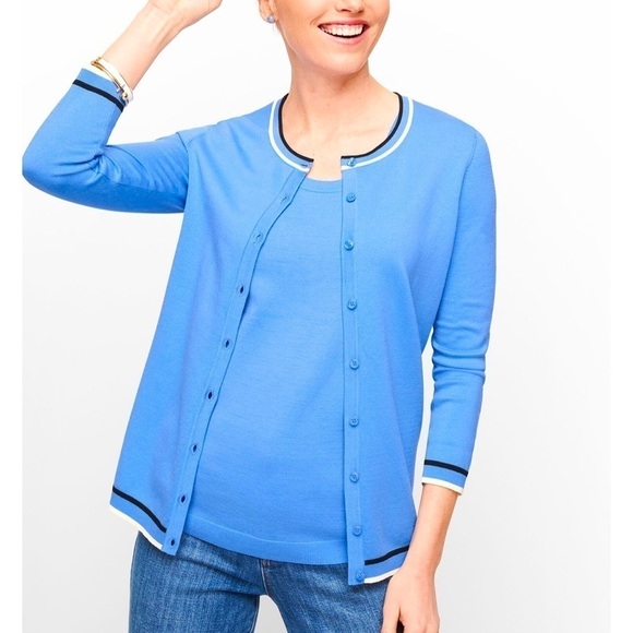 New TALBOTS Cashmere blended CHARMING BLUE CARDIGAN - TIPPED womens M Petite - Picture 1 of 9